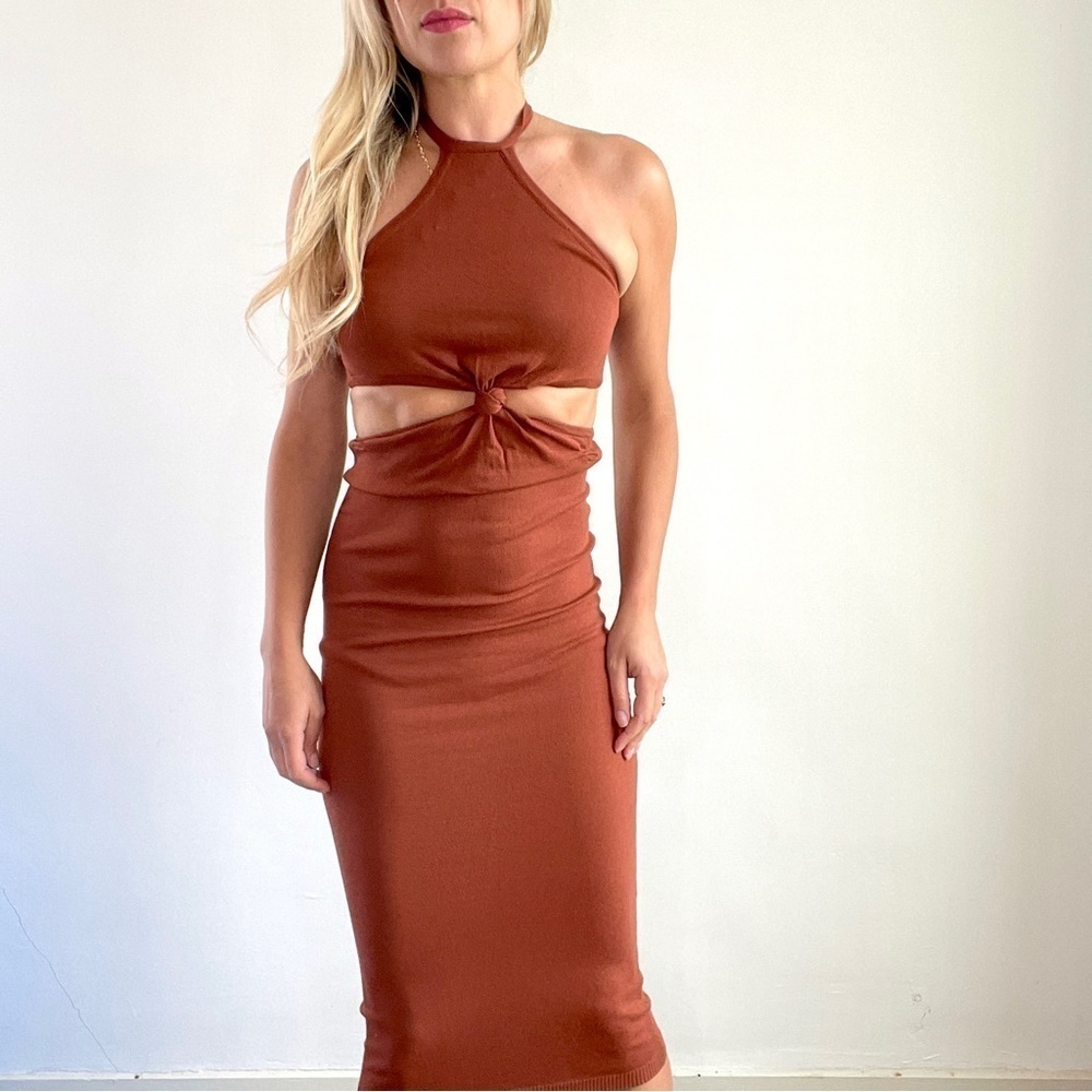 Rust Brown Cut Out Stretchy Neutral Halter Dress